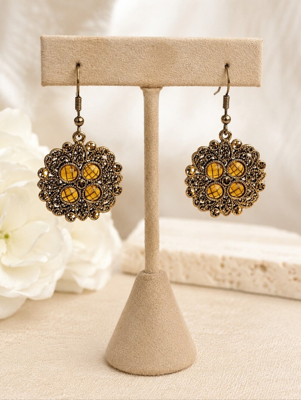 Premier Designs Daybreak Collection Gold Tone Dangle Earrings with Yellow/Topaz